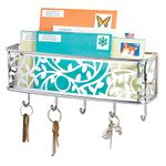 mDesign Wall Mount Metal Entryway Storage Organizer Mail Sorter Basket with 5 Hooks - Letter, Magazine, Coat, Leash and Key Holder for Entryway, Mudroom, Hallway, Kitchen, Office - Chrome