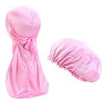 2pcs/Set Durag and Bonnet Long Tail Satin Doo rag Elastic Turban Sleep Cap Solid Color, Pink, One Size