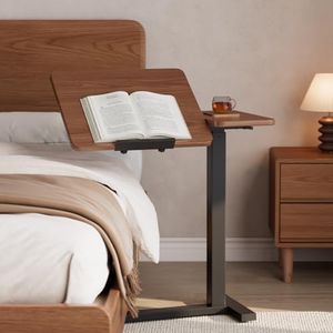 DONGMUWUJEE Solid Wood Overbed Bedside Table with Wheels, Tilting Adjustable Hospital Bed Table Over The Bed, Medical Mobile Laptop Stand, Rolling Standing Desk for Hospital and Home Use（Walnut）