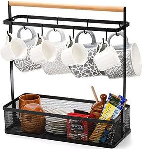Hiceeden Coffee Cup Holder with Storage Basket, Coffee Mug Tree Rack with Handle, Coffee Cup Stand Coffee Station Bar Organizer for Countertop, Holds 8 Cups (Black)