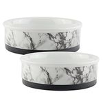 DII Bone Dry Ceramic Medium Round Pet Bowl For Food & Water, 6" Dia x 2" H Set of 2, With Non-Skid Silicone Rim for Dogs and Cats-White Marble