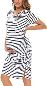 WOOXIO Women's Maternity Hoodie Dress Short Sleeve Split Side Ruched Pregnancy Clothes, White Navy Stripe, Medium