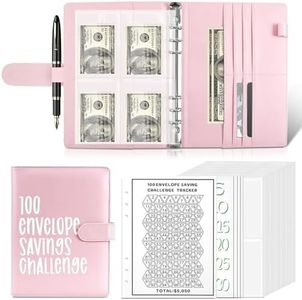 100 Envelope Money Saving Challenge Binder Kit, PU Leather A5 Budget Planner with Cash Envelopes for Financial Goals, Unique Gift for Savings Enthusiasts (Pink)