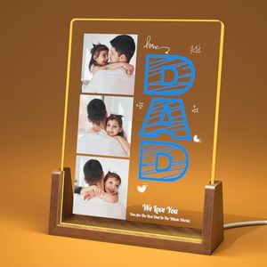 RoyAroma Personalized Gifts for Dad, Customized Acrylic Plaque Printed with Photos, Walnut Picture Frame with Led, Father'S Day, Christmas, Birthday Dad Gifts from Daughter