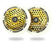 Root Industries 110mm Honeycore Stunt Trick Scooter Wheels (Pair) - Smooth Fast Hollowcore - Kick Push Scooter Tire - Pro Freestyle Urethane - Fit Most Setups - 24mm x 110mm - Bearings Installed (White/Gold)