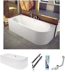 ECOLAM® Badewanne Avita 160x75 cm Schürze | Wanne für Zwei Personen | Eckwanne Modern Design | Eckbadewanne links + Ablaufgarnitur Ab- und Überlauf Automatik Füße + Silikon Komplett-Set Acryl weiß