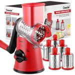 Geedel Cheese Grater, Vegetable Slicer with 5 Replaceable Blades, Rotary Drum Grater for Cheese Cucumber Carrot Potato Nut, Ice Crusher for Smoothie Ice Cream, Faster and Easier Cutting, Red