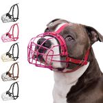 BRONZEDOG Pitbull Dog Muzzle Metal Mask Amstaff Wire Basket Pit Bull Adjustable Leather Straps for Large Dogs (Pink)