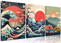 3Pcs Japanese Wall Art Asian Nature Landscape Posters Pictures Kanagawa Giant Wave Canvas Prints Mount Japanese Fuji Art Paintings Cherry Blossom Lake Wall Decor for Living Room Bedroom Office Framed