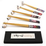 Chopsticks and Chopstick Rest Set, Cute Lucky Cat Chopsticks Holder 5 Cats, Classic Japanese Style Bamboo Natural Reusable, Chopsticks Holder Gift Set 5 Pairs Pairs (A)