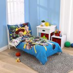 NoJo Disney Toy Story Taking Action Blue, Green and Yellow 4 Piece Toddler Bed Set - Comforter, Fitted Bottom Sheet, Flat Top Sheet, and Reversible Pillowcase