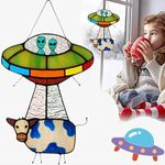 UFO Abduction A Cow Stained Glass Suncatcher, UFO Stained Glass Suncatcher, Painted UFO Pendant Cow, Alien Lover Gift, for Room Door Window