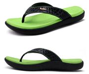 KuaiLu Flip Flops for Women Ladies Yoga Mat Comfortable Sport Walking Thong Sandal With Plantar Fasciitis Arch Support Slip-on Slides Indoor Outdoor For Summer, Size 12 Green Black