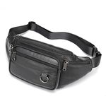 Genuine Leather Fanny Pack with 6 Zipper Pockets, Small Waist Bag Travel Hiking Crossbody Hip Pouch for Men and Women (Black)