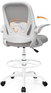 Drafting Chair Tall Office Chair with Flip-up Armrests, Adjustable Height, and Enhanced Lumbar Support - Ergonomic Rolling Stool, Back Support, and Adjustable Foot Rest Ring for Standing Desk Gray