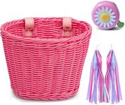 Bike Basket Kid Bicycle Basket Bike Accessories, 1pc Bicycle Bell with Stickers, 1pc Kid Bicycle Front Basket and 1pairs Colorful Ribbons Tassels Decoration for Girl Boy (Pink)