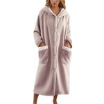 heated robes for women Long Robes for Women Winter Plush Fleece Robe Soft Fluffy Hooded Bathrobe Warm Cozy Comfy Loungewear with Pockets 05-Light Pink