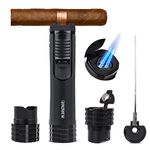 4-in-1 Cigar Lighter with Triple Jet Flame, Cigar Punch, Cigar Holder, Cigar Draw Enhancer, All-in-one Cigar Accessories, Torch Lighter with Gift Box, Refillable Butane Lighters for Smoking, Candle