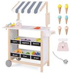 HONEY JOY Kids Ice Cream Cart, Wooden Grocery Store Playset w/6 Pieces Play Food, Realistic Bell & Food Scale, Chalkboard, Pretend Play Dessert Shop Counter Stand Truck, Gift for Boys Girls (White)