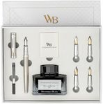 Wordsworth & Black Fountain Pen Gift Set, Includes Ink Bottle, 6 Ink Cartridges, Ink Refill Converter, 5 Replacement Nibs, Premium Package, Journaling, Calligraphy, Smooth Writing Pens [Silver Chrome]