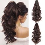 BLUSHIA Ponytail Extension, 22 Inch Drawstring Ponytail Extension for Women Long Brown Wavy Layered Pony Tails Hair Extensions Synthetic Clip