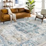 Vintage Area Rug, Faux Wool 8x10 Washable Living Room Area Rug, Boho Non-Slip High Pile Throw Rugs Carpet for Bedroom Dining Room Bathroom Office Laundry Room, Blue