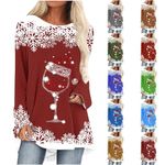 BVEBJDX Women's Xmas Sweatshirts Christmas Red Wine Glass Printed Pullover UK Clearance Ladies Novelty Graphic Sweatshirt Casual Long Sleeve Jumper Xmas Snowflake Print Flowy Blouse Crewneck Tops