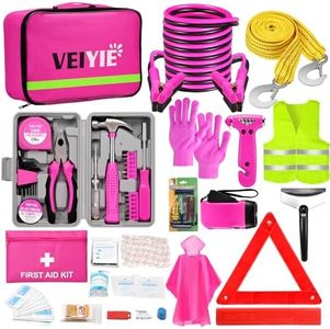 VEIYIE Roadside Emergency Car Kit for Vehicles, Pink Car First Aid Kit Emergency Kit with Jumper Cables, Car Safety Kits, Tow Strap, Tool Kit, Road Trip Assistance for Men, Women, New Driver Gifts