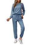 REORIA Womens Long Sleeve Crewneck Solid Color Two Piece Outfit Hoodie Jogger Tracksuit Set Sweatshirt & Sweatpants Grey Blue M