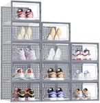 HOMIDEC Shoe Storage Box,12 pcs Stackable Shoe Boxes Clear Plastic Shoe Organizer Shoe Containers with Lids for Women/Men,Fit up to UK 9.5,GREY