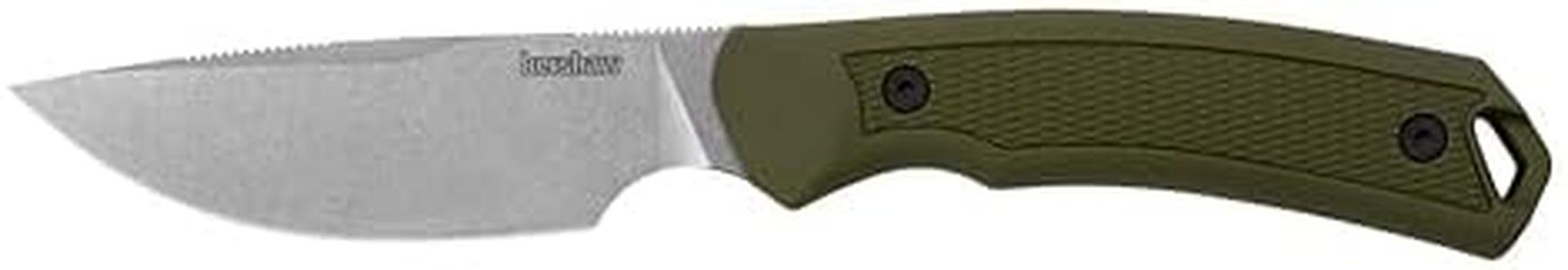 Kershaw Deschutes Skinner Fixed Blade Hunting Knife, Olive Handle with D2 Stainless Steel Drop Point Blade, Strong Grip with Finger Choil and Rubber Overlay, Includes Sheath