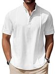 COOFANDY Men's Linen Henley Shirt Casual Beach Hippie Shirts Short Sleeve T Shirts, White, XX-Large