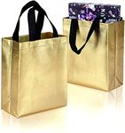 DOUBLE R BAGS Reusable Small Size Grocery Bag Shopping Bag with Handle, Gift Bag Goodies Bag Golden Carry Bag for Wedding Return Gifts (Paper,Golden, Pack of 16)