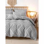 Nanko Duvet Cover Light Grey King Size, 3pc Boho Tufted Gray Microfiber Bedding Comforter Cover Set, All Season Aesthetic Shabby Chic Soft Embroidery Textured Geometric Quilt Cover 104x90 inches