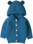 Newborn Baby Girls Boys Knit Cardigan Ear Hooded Sweater, Infant Button-Down Cotton Outfits, Unisex Baby Basic Clothes, Blue, 0-6 Months