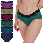 INNERSY Cotton Underwear Ladies Lace Knickers for Women Multipack Hipster Panties Pack of 6 (16, Dark Multicolor)