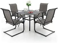 MFSTUDIO 5 Piece Metal Patio Armrest Dining Rocker Chairs and Larger Square Table Set, 37" Square Bistro Wrought Iron Mesh Table and 4 C Spring Motion Textilene Metal Rocker Chairs