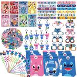 Cartoon Party Favors Set, 130 PCS Birthday Party Supplies Contains 12 Reusable Straws, 12 Gift Bags, 50 Stickers, 12 Keychains, 16 Glasses, 16 Make a Face Stickers, 12 Palm Bracelet Gift Set