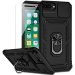 for iPhone 8 Plus / iPhone 7 Plus / iPhone 6 Plus Case with Camera Lens Cover HD Screen Protector, 15 ft Military Grade Drop Protection Magnetic Ring Holder Kickstand Protective Phone Case (Black)