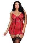 Dreamgirl Women's Plus Size Stretch Lace Underwire Garter Slip with G-String Lingerie Set, Ruby, 1X