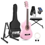 MAX SoloArt Junior 1/4 Acoustic Guitar Starter Set for Kids – Pink Classical Guitar with Nylon Strings, Stool & Foldable Stand – Complete Beginner Practice Kit with Tuner, Picks, Bag & Accessories