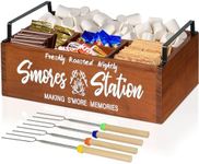 Wooden S'mores Station, S'mores Caddy Bar Holder with Handles for Counter, Farmhouse Smores Serving Tray for Kitchen, Smores Maker Box Tabletop for Smores Kit, Camping Decor Smores Supplies Container