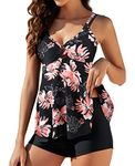 Genfien Women 2 Piece Tankini Swimsuits Double Shoulder Straps Printed Top with Boyshorts Swimwear Bathing Suit Rose