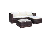 EVRE Malaga Brown Rattan Garden Outdoor Furniture Wicker Set 4 Seat Corner Sofa Couch Footstool Glass Top Table with Cushions for Patios Conservatories Gardens