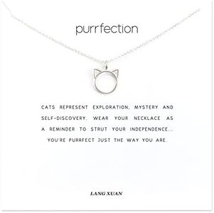 LANG XUAN Message Card Cat Pendant Necklace Friendship Compass Good Luck Elephant Pendant Chain Necklace for Women Gift (Silver Cat)