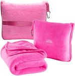 BlueHills Premium Soft Travel Blanket Pillow Airplane Blanket Packed in Soft Bag Pillowcase with Hand Luggage Belt and Backpack Clip, Compact Pack Large Blanket for Any Travel (Pink T004)