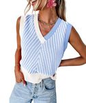 MARZXIN Women Sleeveless Sweater V Neck Casual 2024 Fall Knitted Chevron V Neck Sweater Vest Color Block Pullover Sweater Top, Blue, XL