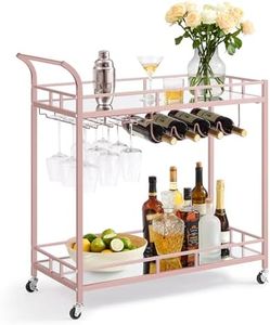 VASAGLE Bar Cart Gold, Home Bar Serving Cart, Wine Cart with 2 Mirrored Shelves, Wine Holders, Glass Holders, for Kitchen, Dining Room, Rose Gold ULRC090A07