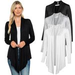 Free to Live 3 Pack Long Sleeve Cardigan for Women Open Front Dressy Casual Fall Draped Lightweight Sweaters Cover Up Shrugs, Black, Heather Grey, White, Medium