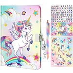 WERNNSAI Unicorn Journal Set - Glitter Notebook Gift for Girls Kids School Travel Private Diary A5 Memos Writing Drawing Notepad Ballpoint Pen Stickers Tape with Lock and Keys